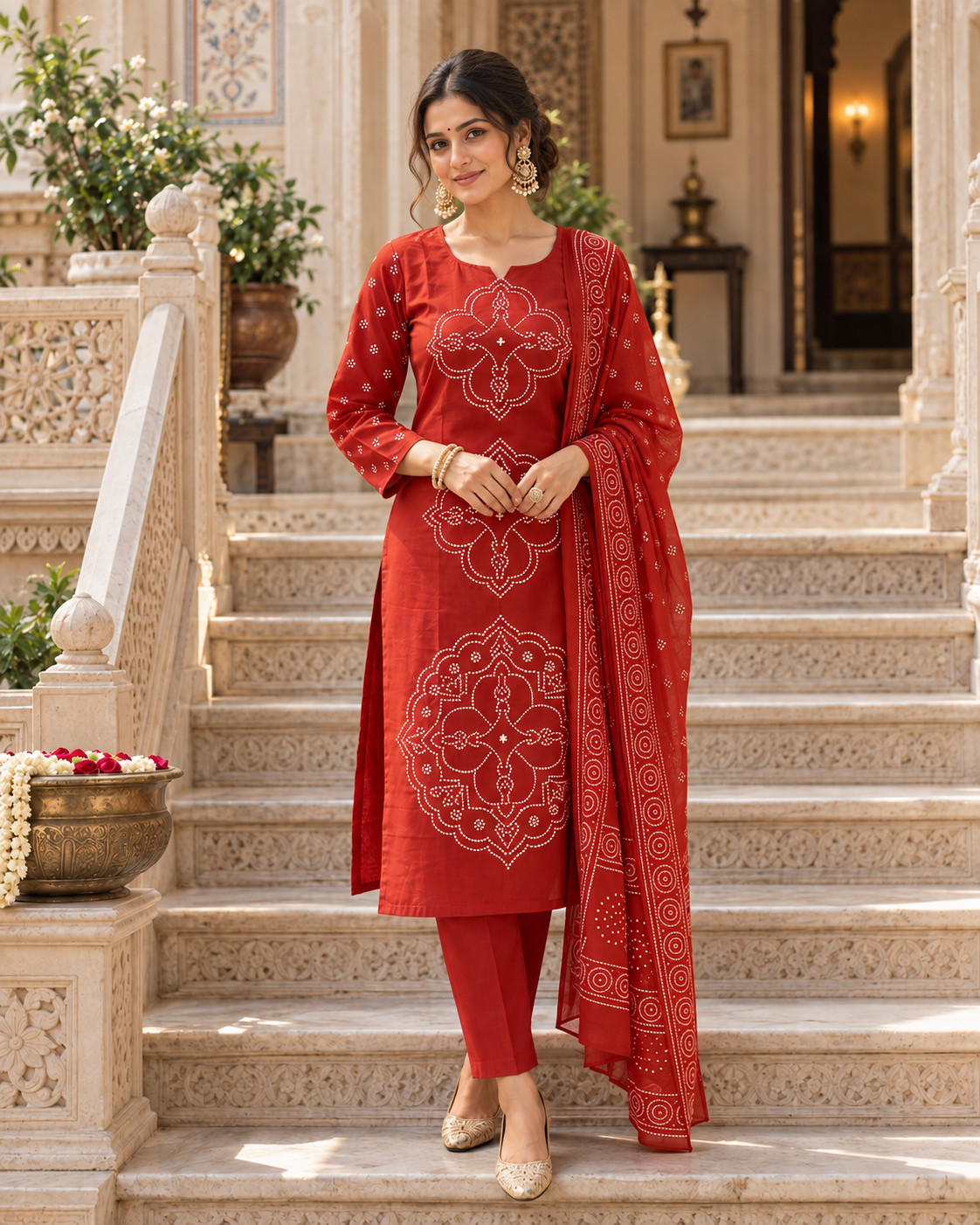 Rust Orange Printed Muslin Suit Set