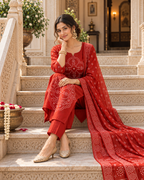 Rust Orange Printed Muslin Suit Set