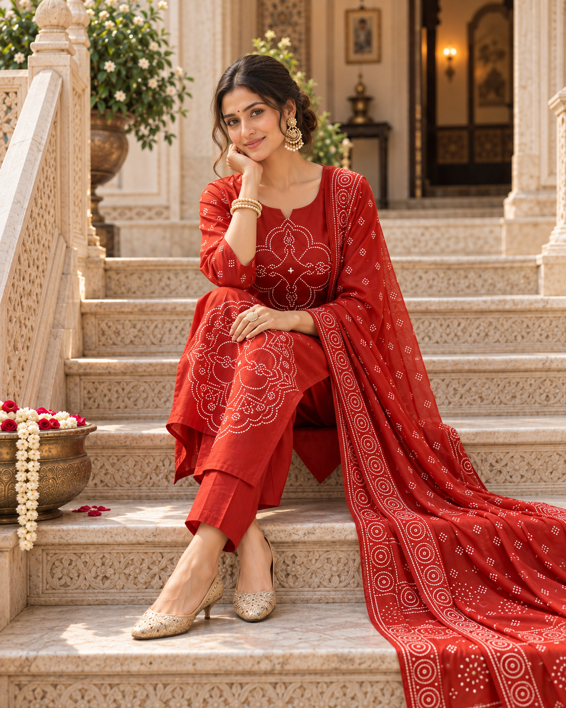 Rust Orange Printed Muslin Suit Set