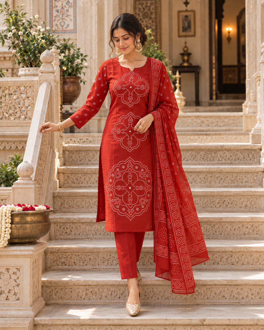 Rust Orange Printed Muslin Suit Set
