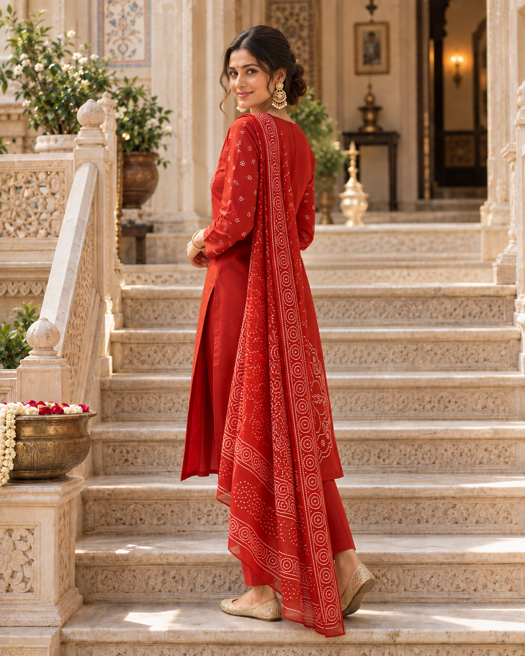 Rust Orange Printed Muslin Suit Set
