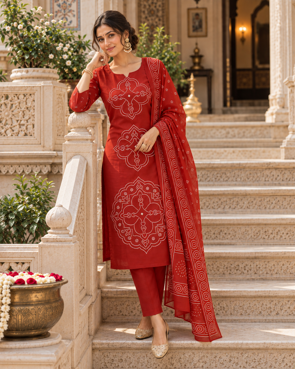 Rust Orange Printed Muslin Suit Set
