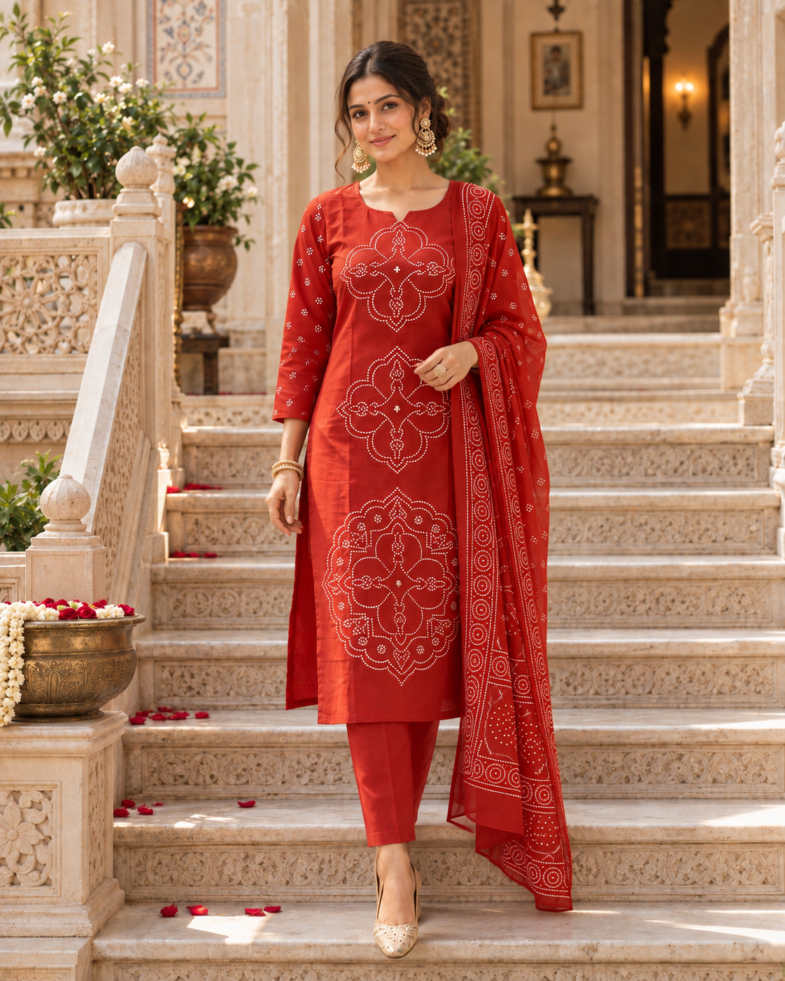Rust Orange Printed Muslin Suit Set