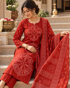 Rust Orange Printed Muslin Suit Set