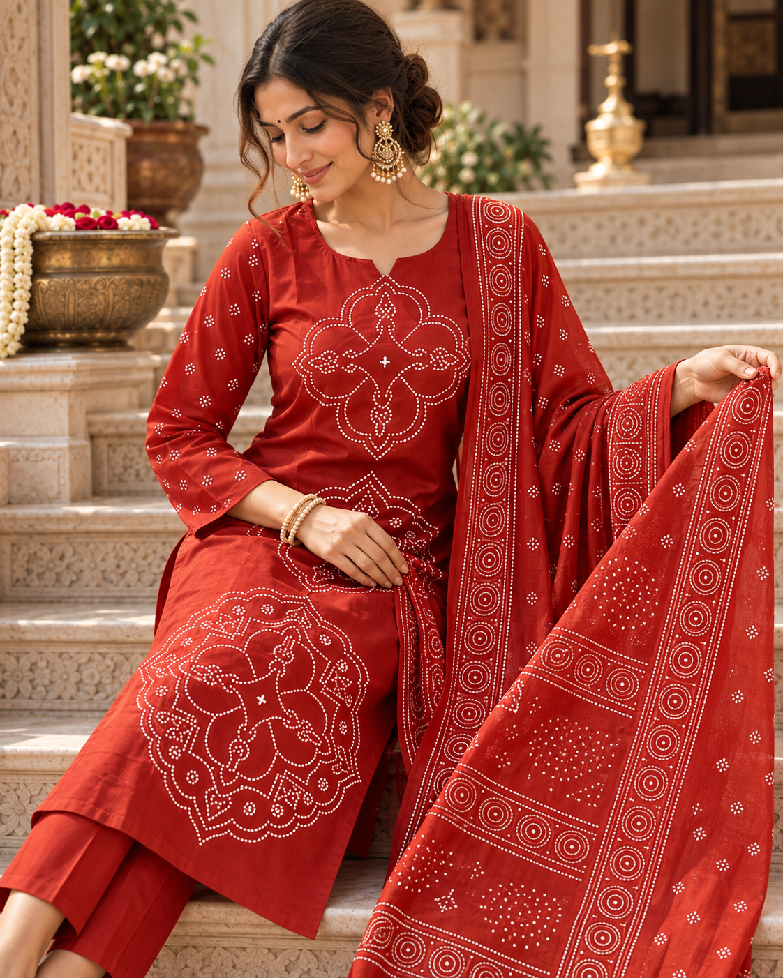 Rust Orange Printed Muslin Suit Set