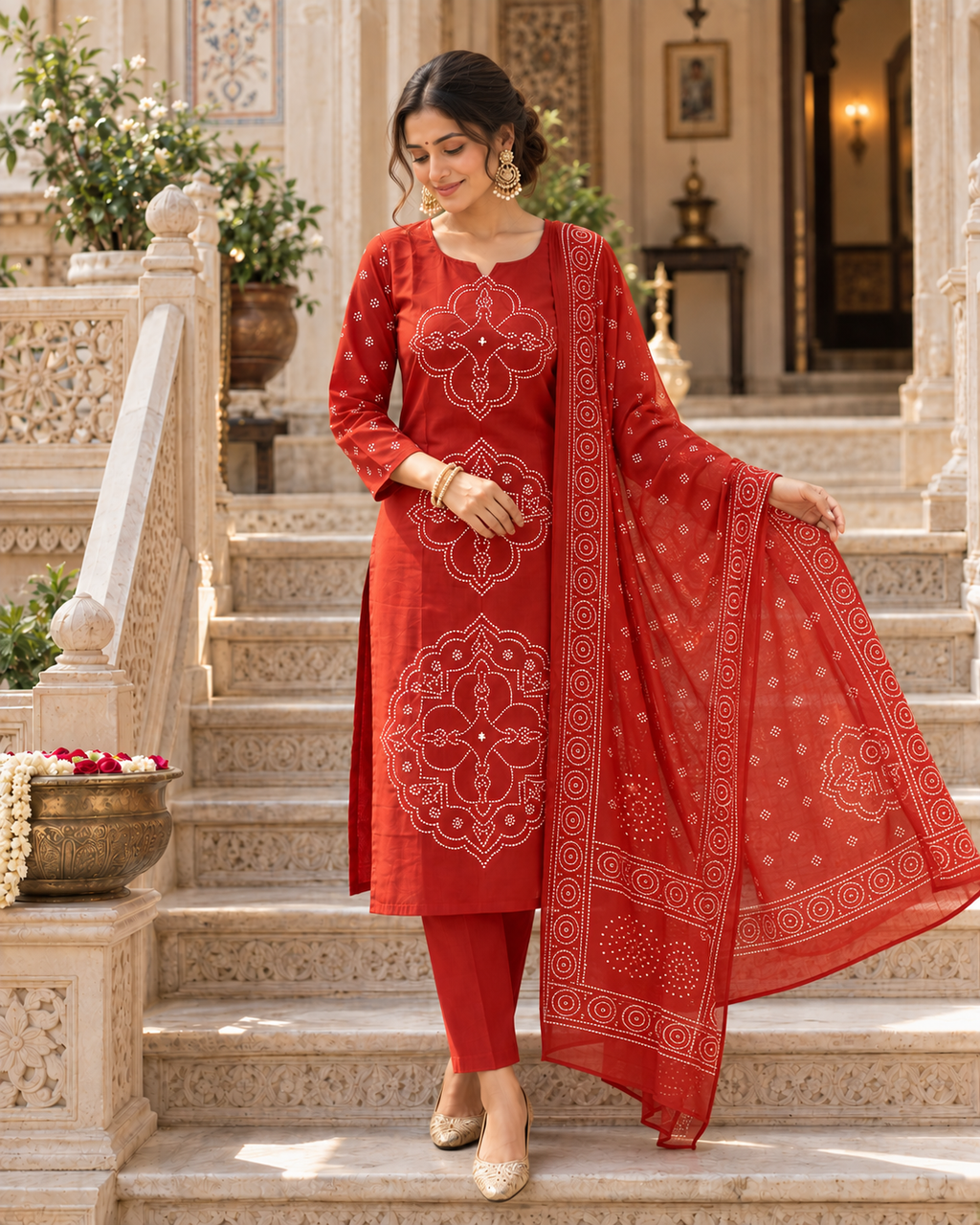 Rust Orange Printed Muslin Suit Set