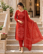Rust Orange Printed Muslin Suit Set