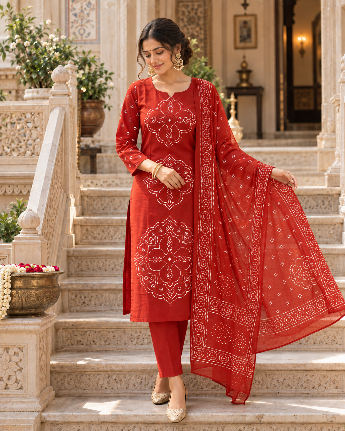 Rust Orange Printed Muslin Suit Set