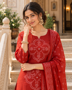 Rust Orange Printed Muslin Suit Set