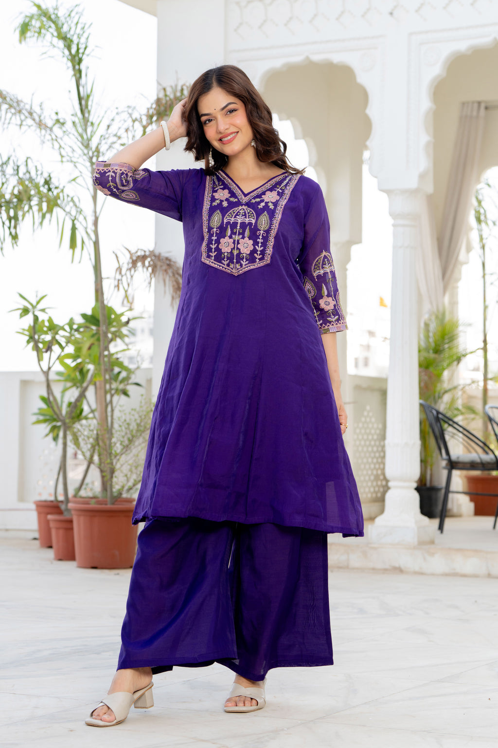 Purple Handwork Mal Chanderi Suit Set