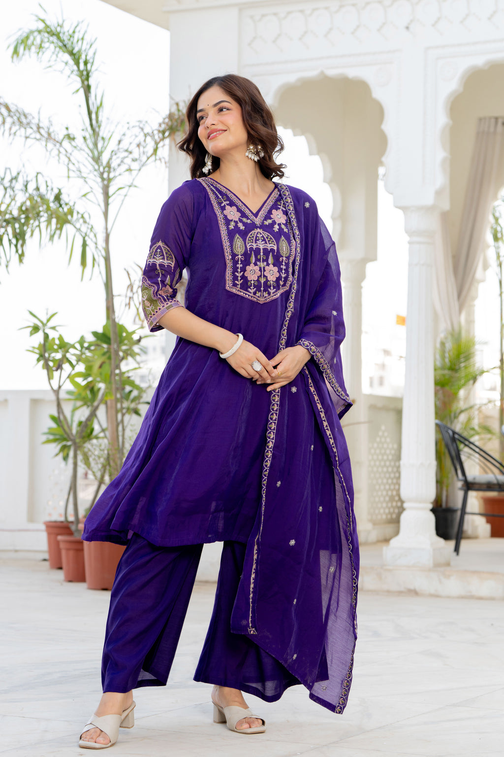 Purple Handwork Mal Chanderi Suit Set
