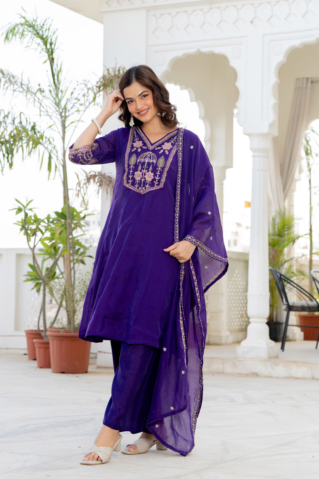 Purple Handwork Mal Chanderi Suit Set