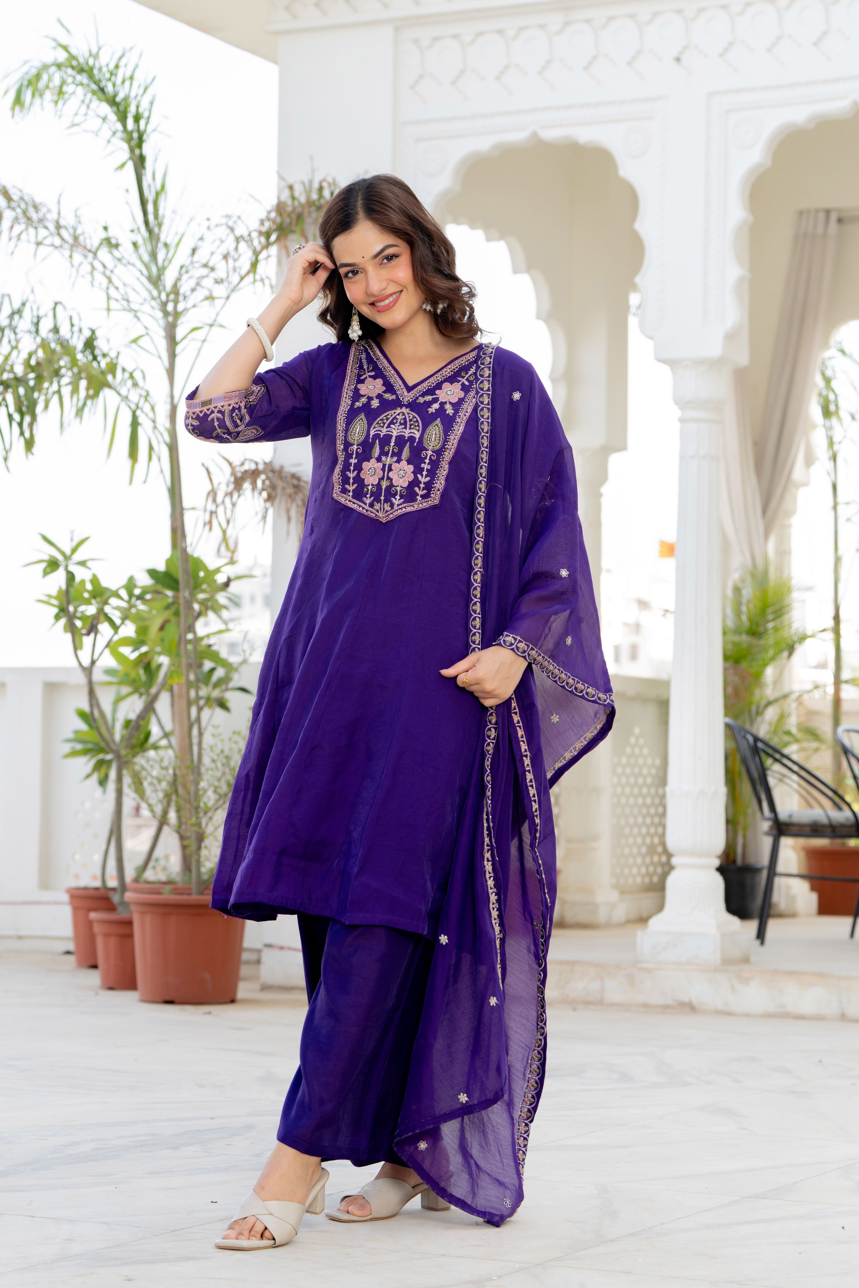 Purple Handwork Mal Chanderi Suit Set