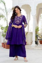 Purple Handwork Mal Chanderi Suit Set with Dupatta