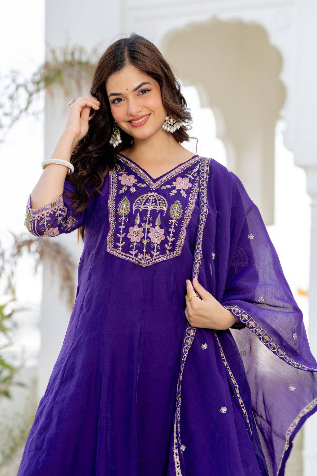 Purple Handwork Mal Chanderi Suit Set