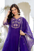 Purple Handwork Mal Chanderi Suit Set with Dupatta
