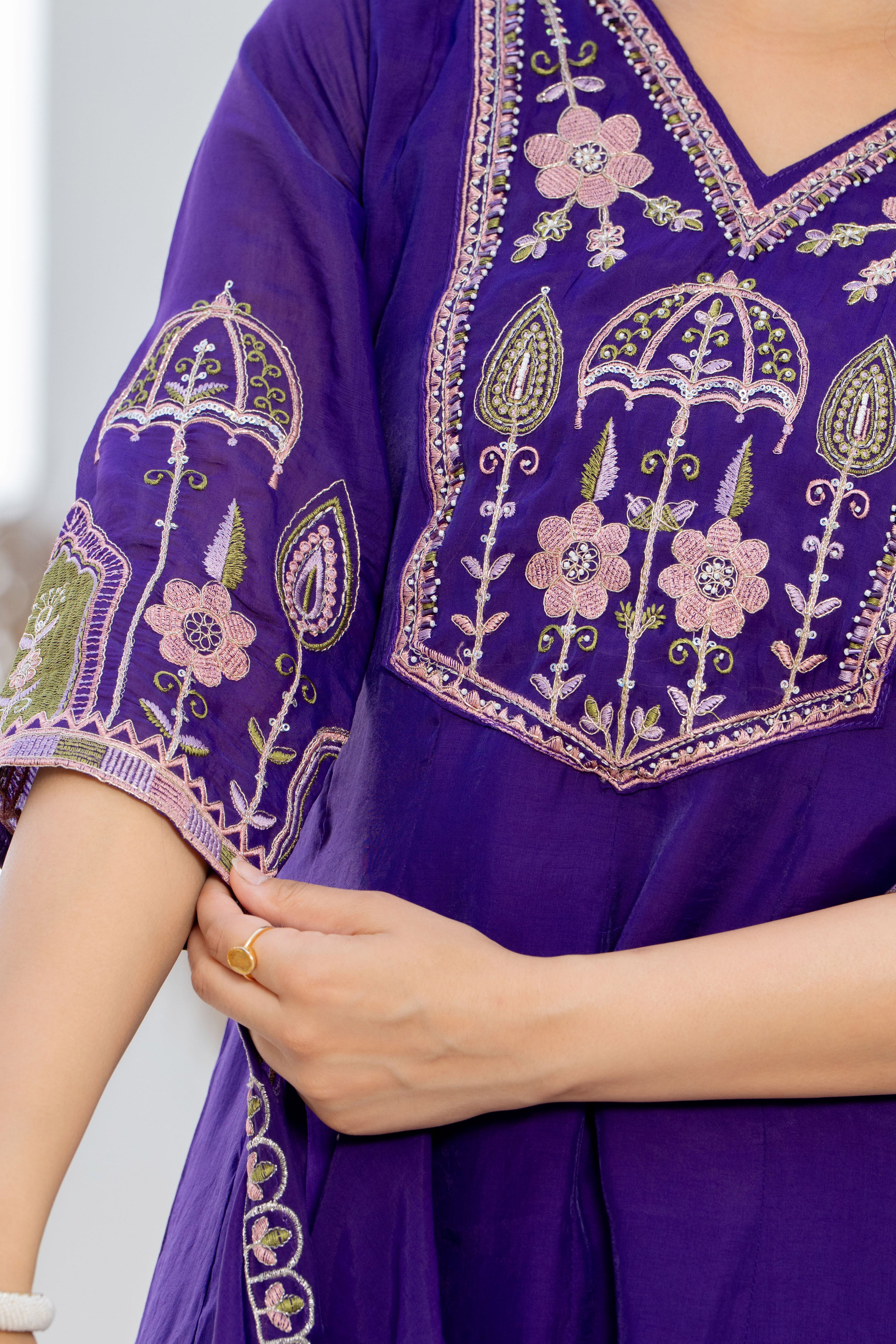 Purple Handwork Mal Chanderi Suit Set