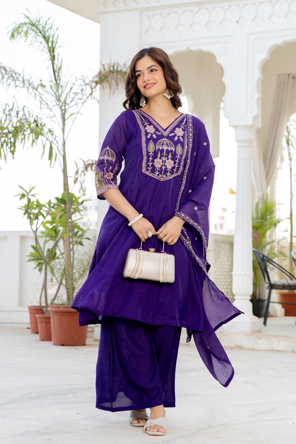 Purple Handwork Mal Chanderi Suit Set