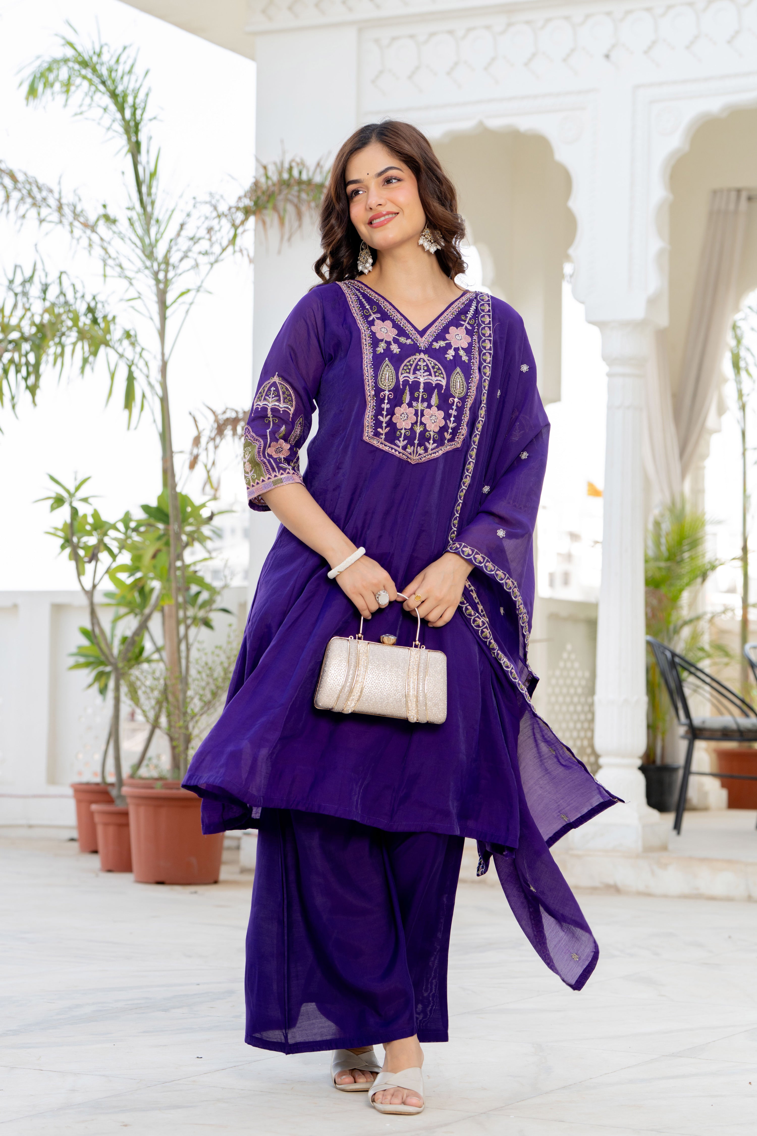 Purple Handwork Mal Chanderi Suit Set