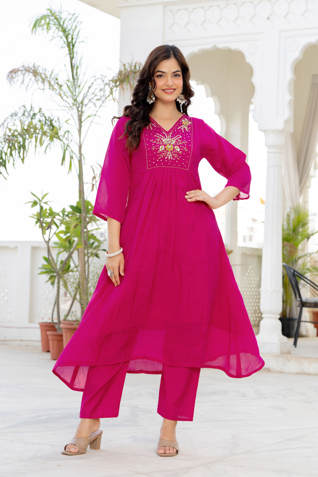 Pink Handwork Mul Chanderi Suit Set