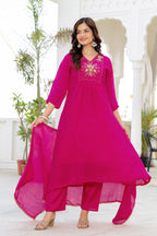 Pink Handwork Mul Chanderi Suit Set with Dupatta