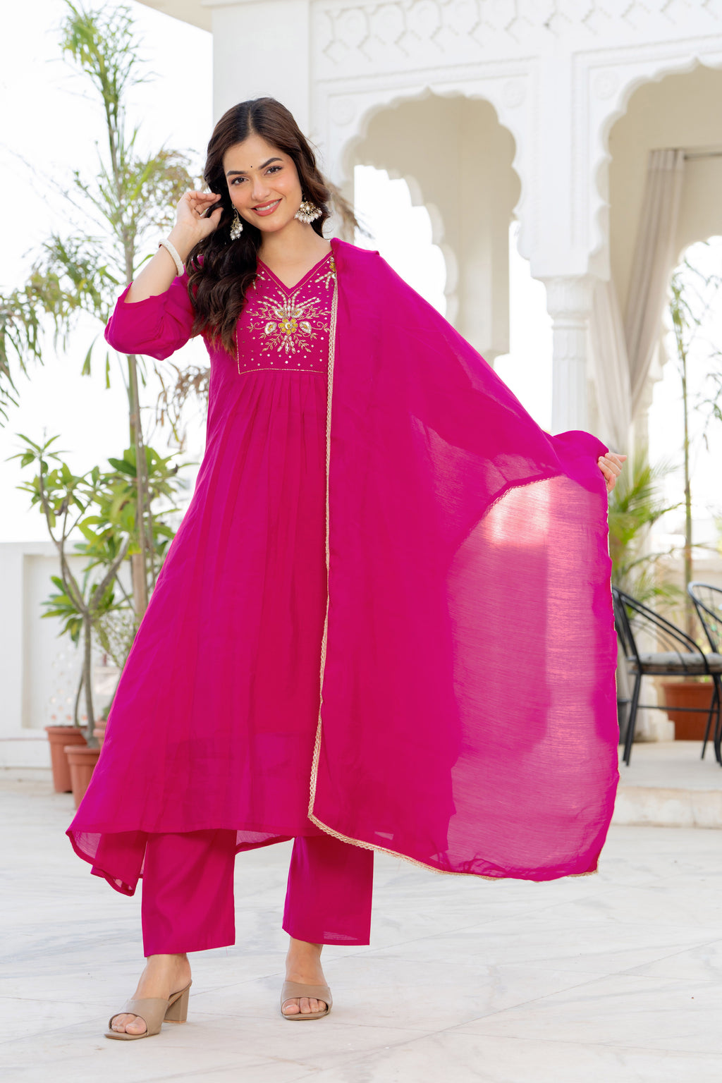 Pink Handwork Mul Chanderi Suit Set