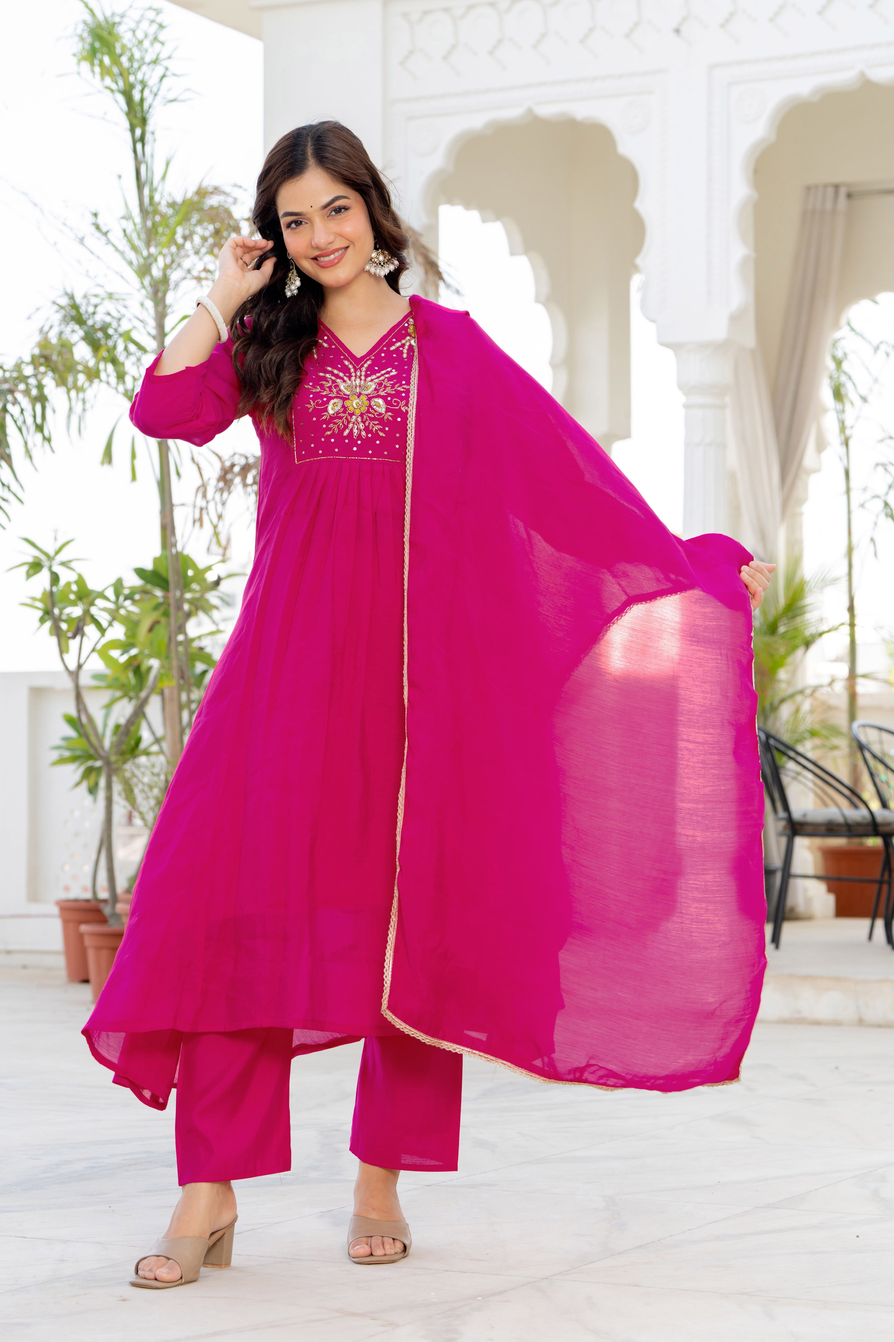 Pink Handwork Mul Chanderi Suit Set