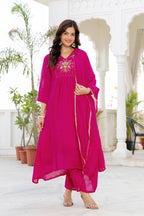 Pink Handwork Mul Chanderi Suit Set with Dupatta