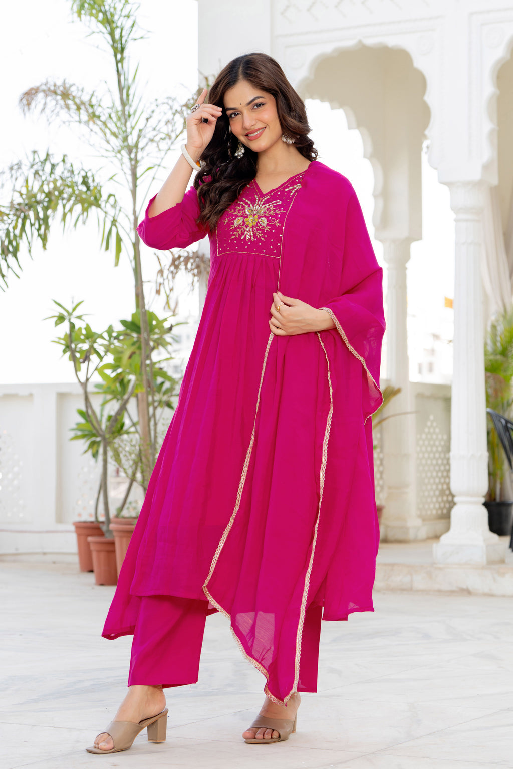 Pink Handwork Mul Chanderi Suit Set
