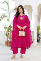 Pink Handwork Mul Chanderi Suit Set with Dupatta