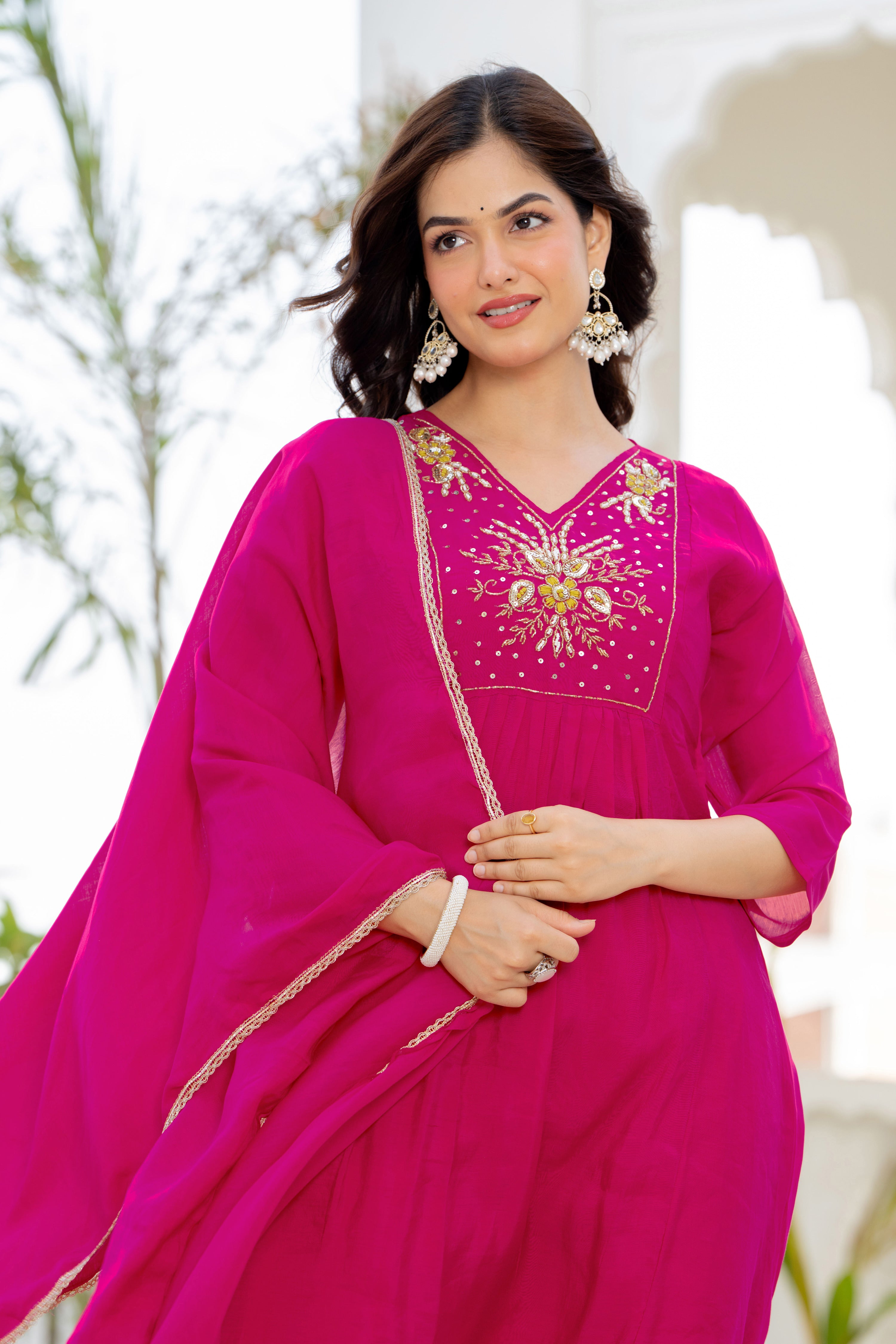 Pink Handwork Mul Chanderi Suit Set
