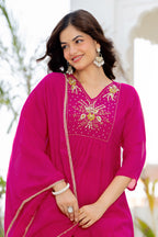Pink Handwork Mul Chanderi Suit Set with Dupatta