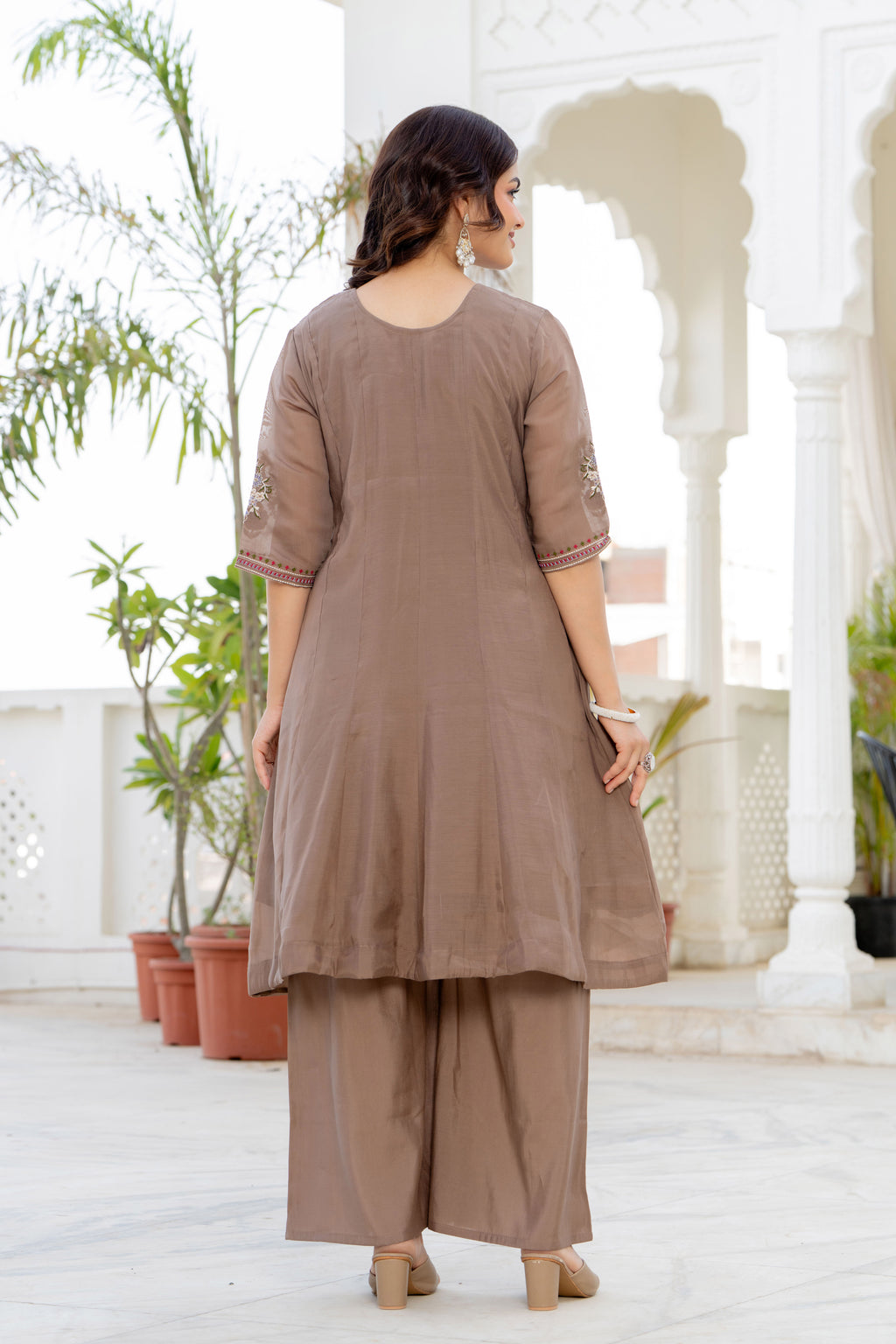 Pastel Brown Handwork Mal Chanderi Suit Set