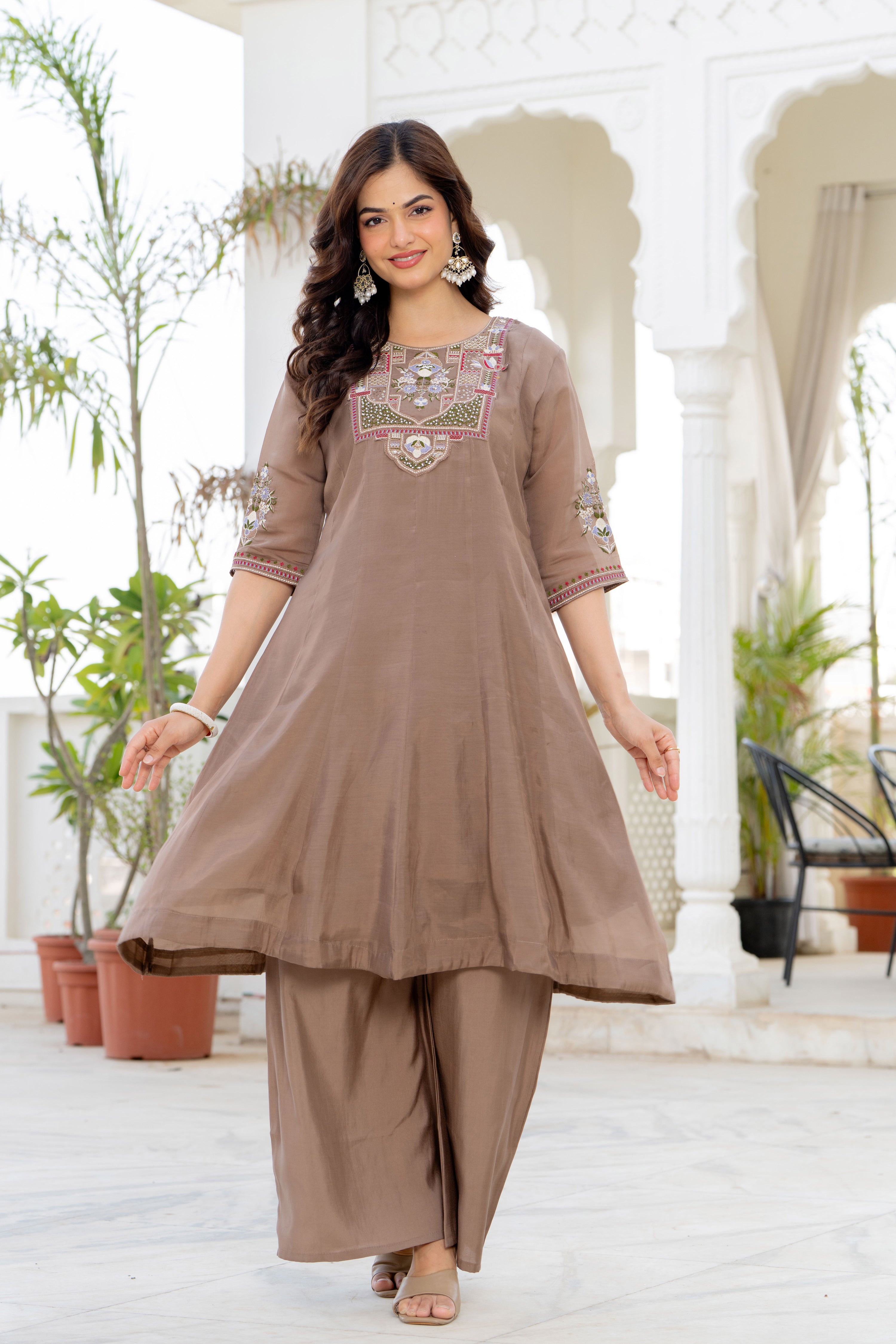 Pastel Brown Handwork Mal Chanderi Suit Set