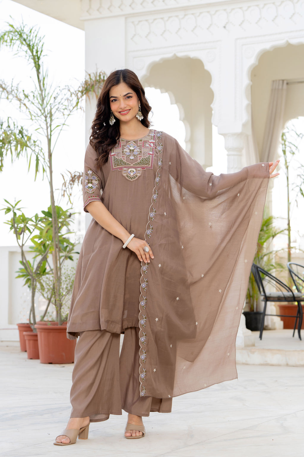 Pastel Brown Handwork Mal Chanderi Suit Set