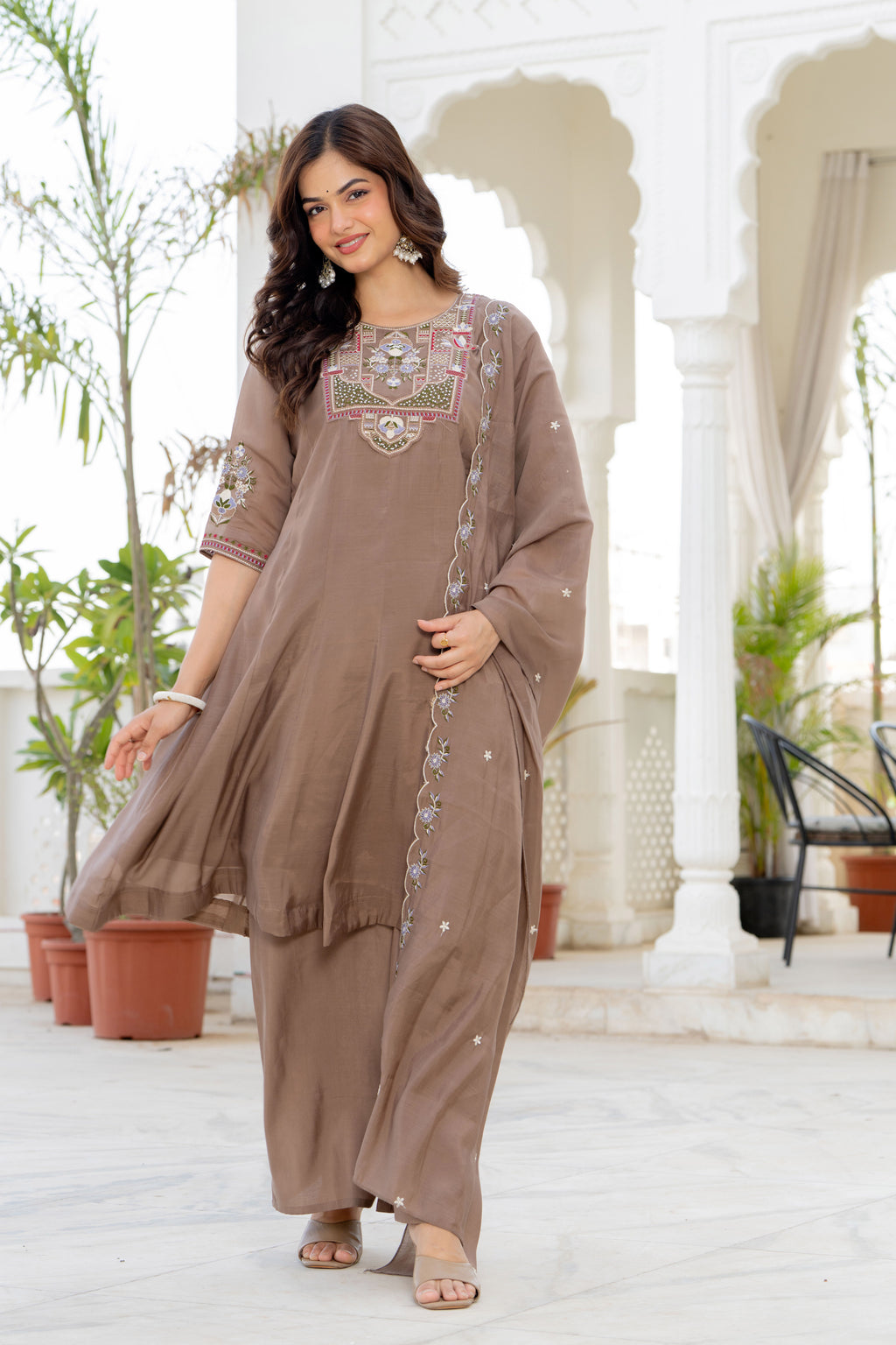 Pastel Brown Handwork Mal Chanderi Suit Set
