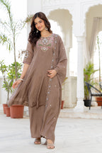 Pastel Brown Handwork Mal Chanderi Suit Set with Dupatta