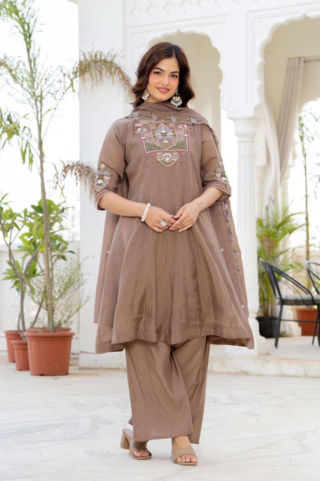 Pastel Brown Handwork Mal Chanderi Suit Set
