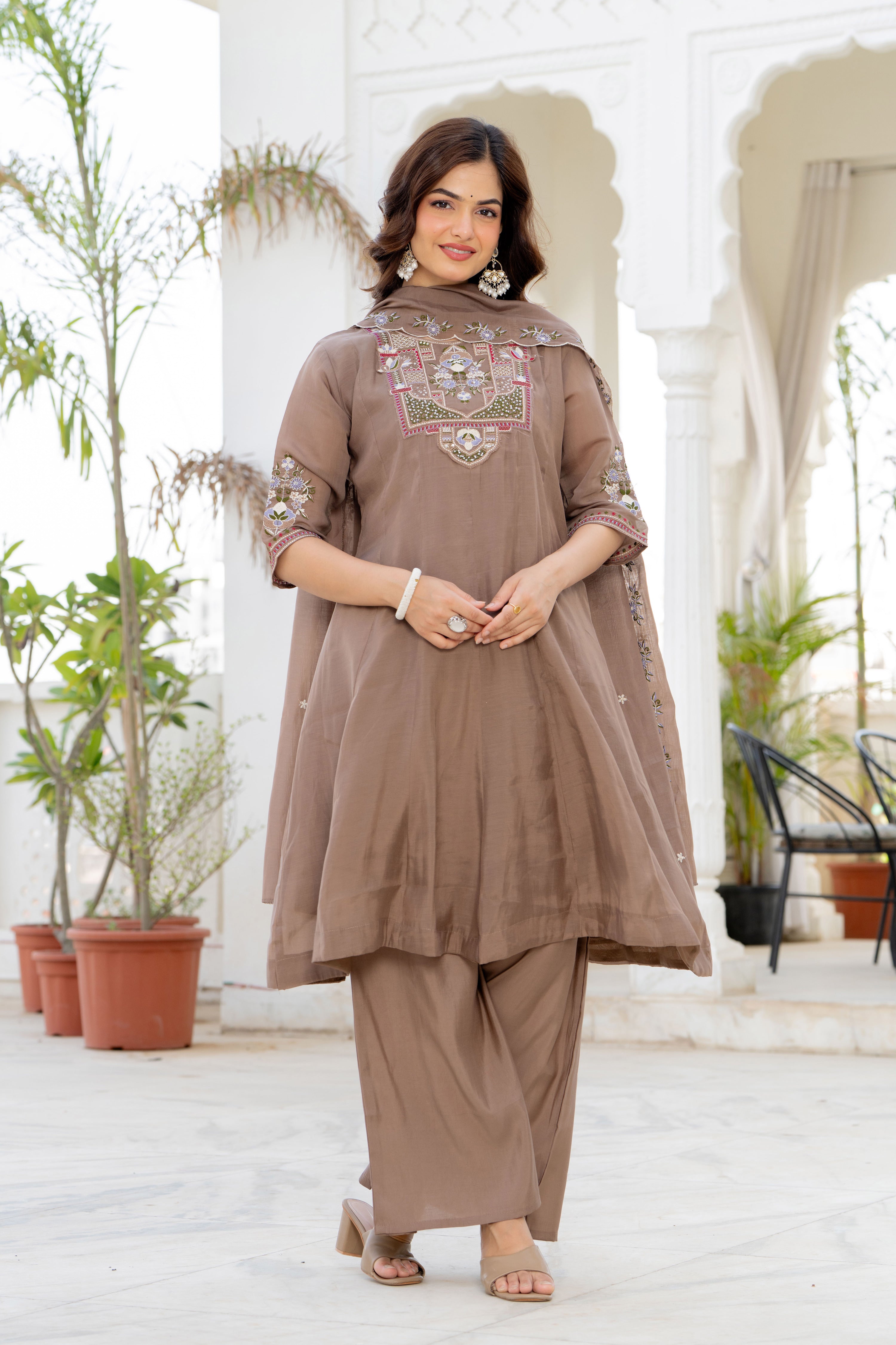 Pastel Brown Handwork Mal Chanderi Suit Set