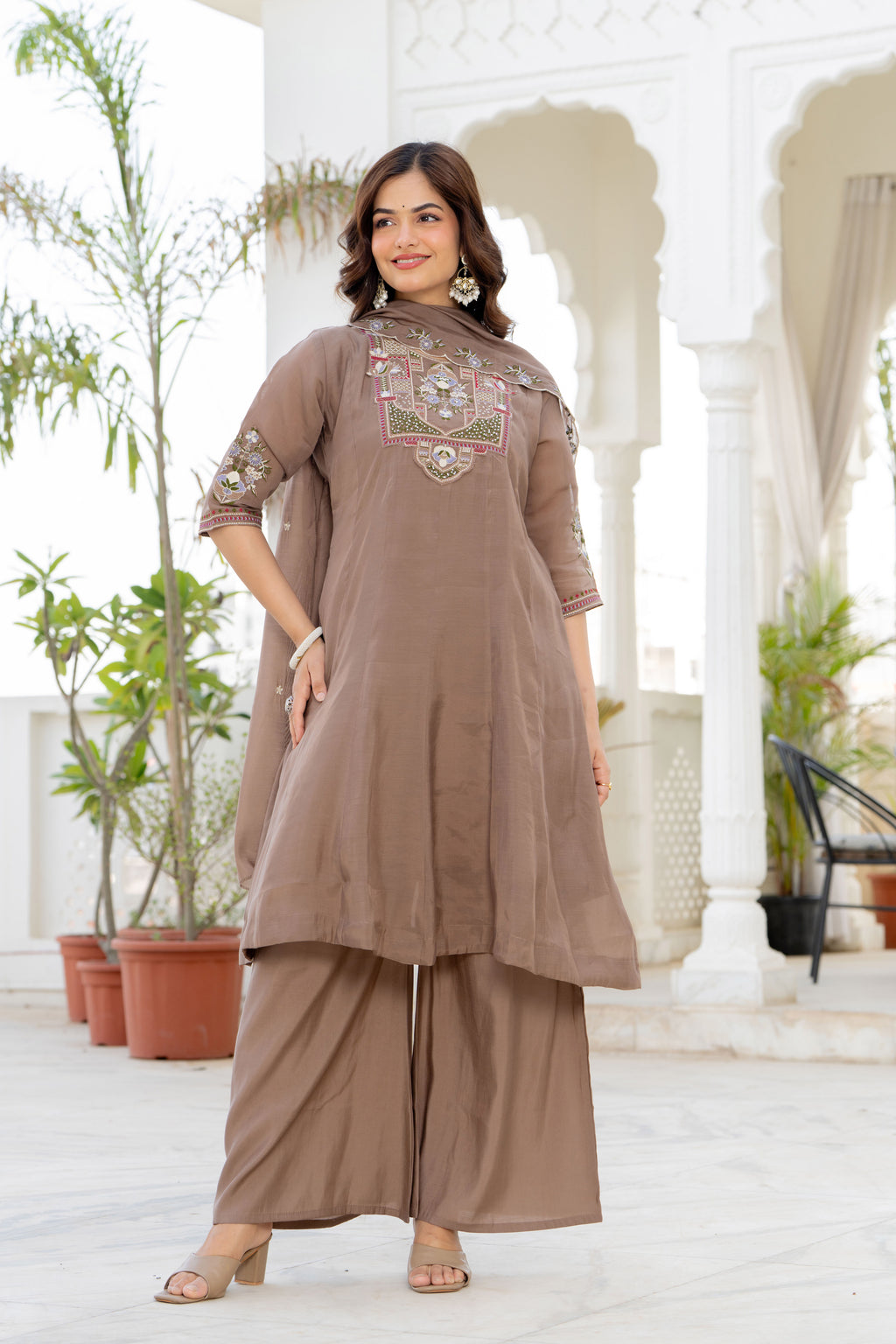 Pastel Brown Handwork Mal Chanderi Suit Set