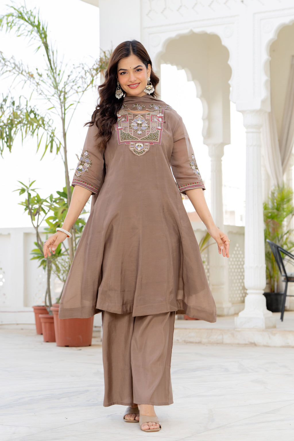 Pastel Brown Handwork Mal Chanderi Suit Set