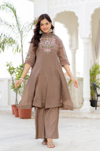 Pastel Brown Handwork Mal Chanderi Suit Set with Dupatta
