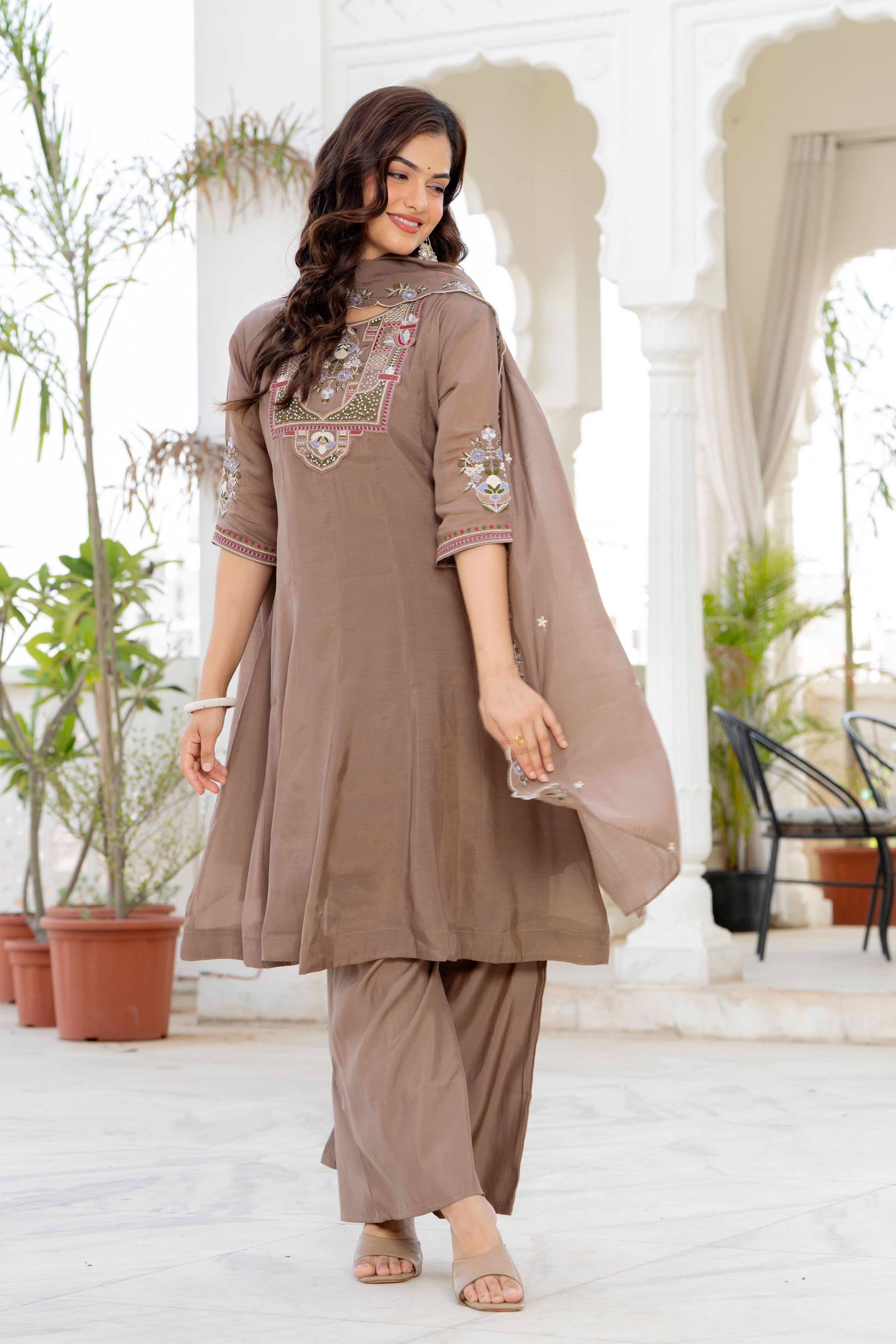 Pastel Brown Handwork Mal Chanderi Suit Set