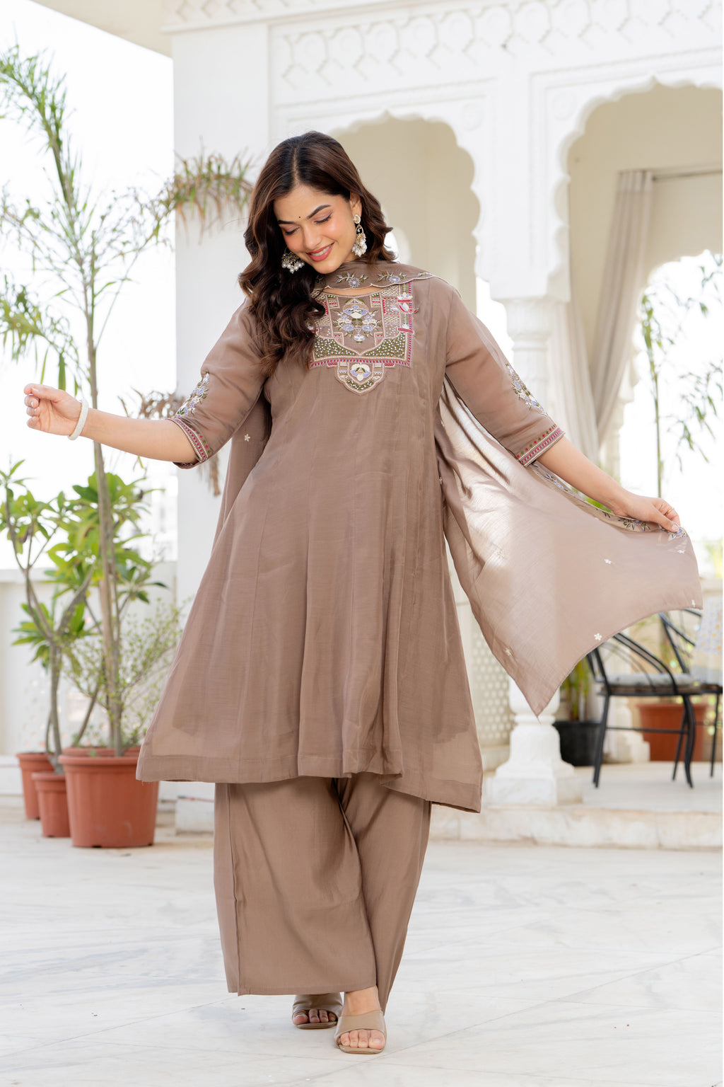 Pastel Brown Handwork Mal Chanderi Suit Set