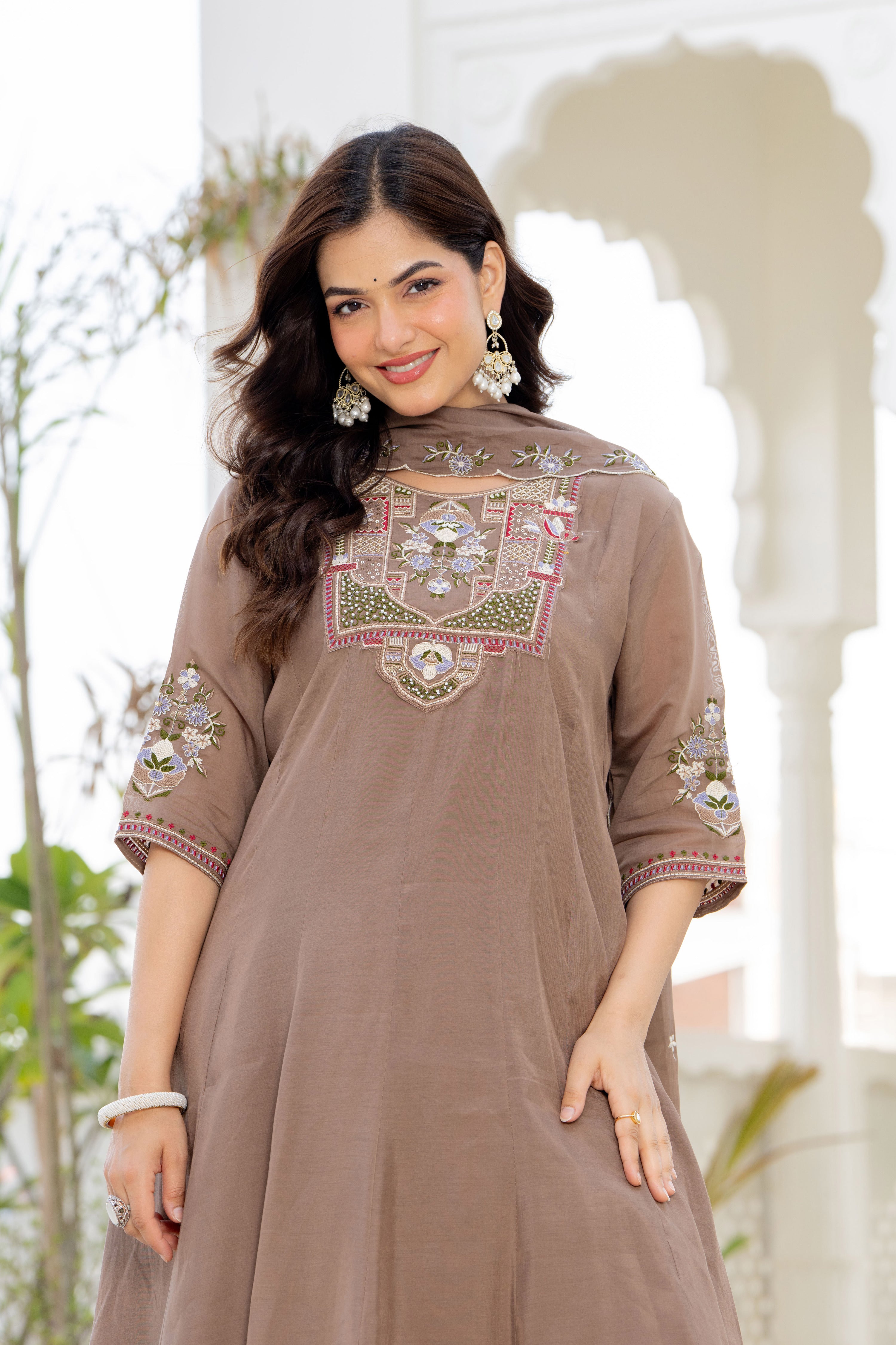 Pastel Brown Handwork Mal Chanderi Suit Set