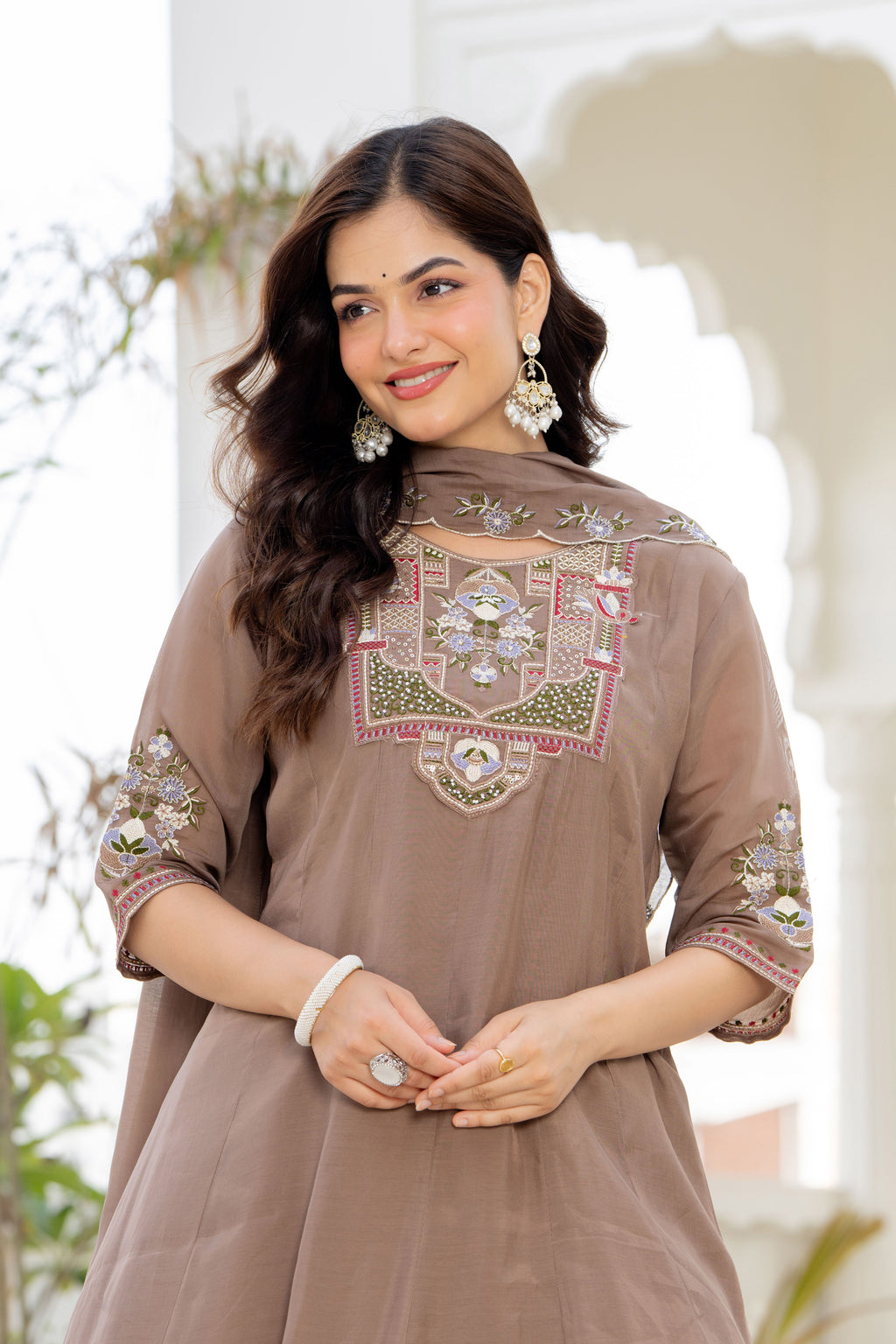 Pastel Brown Handwork Mal Chanderi Suit Set