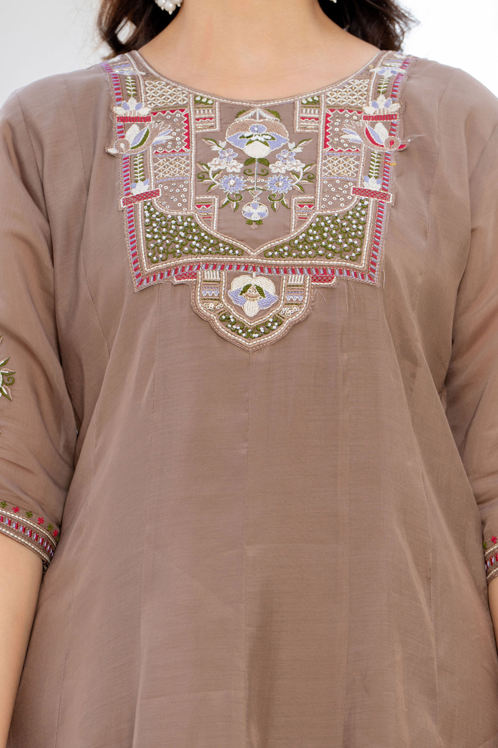 Pastel Brown Handwork Mal Chanderi Suit Set