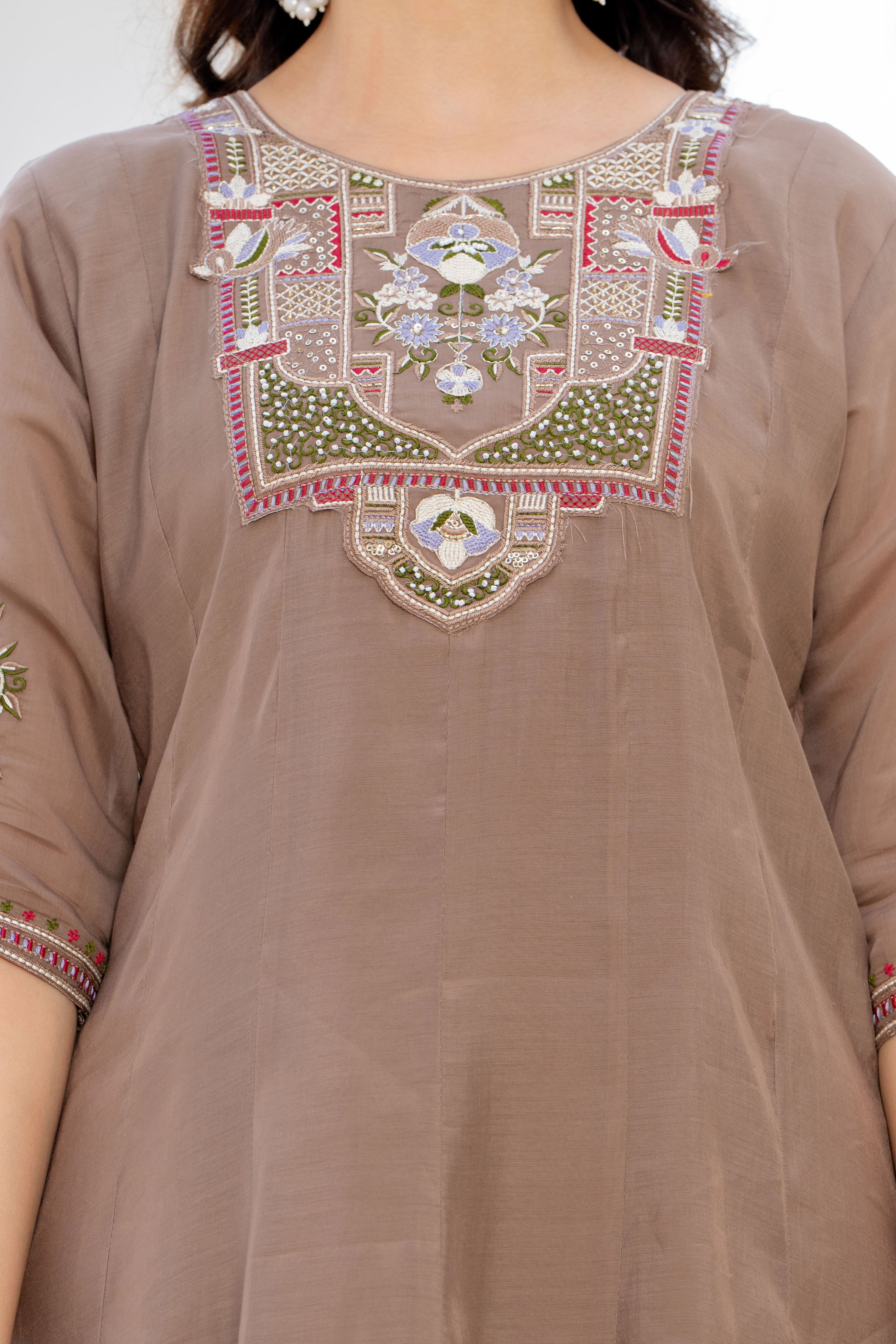 Pastel Brown Handwork Mal Chanderi Suit Set