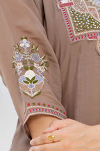 Pastel Brown Handwork Mal Chanderi Suit Set with Dupatta