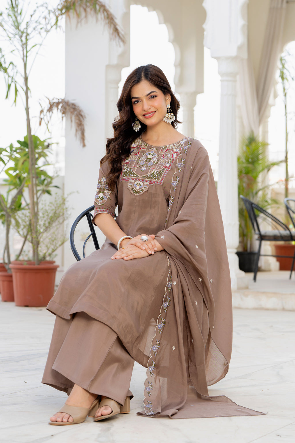 Pastel Brown Handwork Mal Chanderi Suit Set